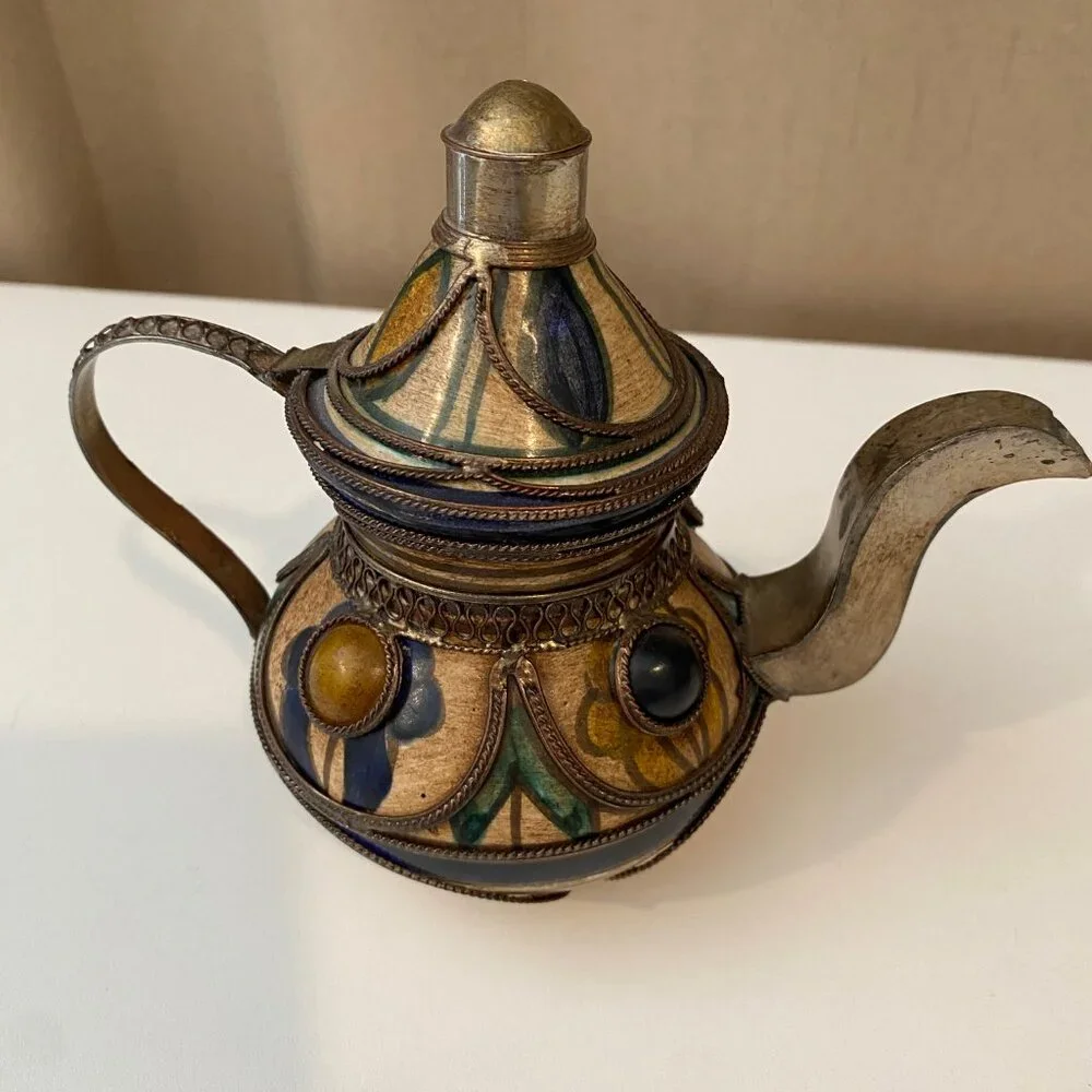 Vintage Moroccan Ceramic Tea‎ Pot – Silver Filigree & Gemstone Accents